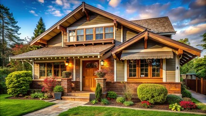 Fototapeta premium A Craftsman-style house boasts a wooden awning, adding rustic charm to its exterior facade with warm, earthy tones.