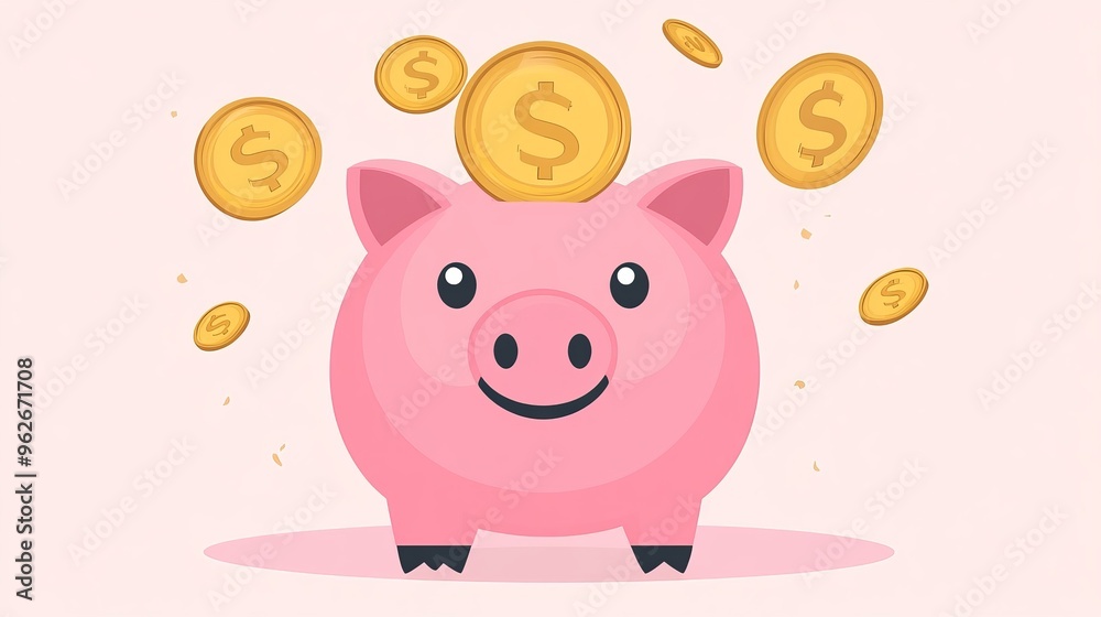 Poster pink piggy bank with a dollar coin in a flat vector illustration representing the concept of saving 