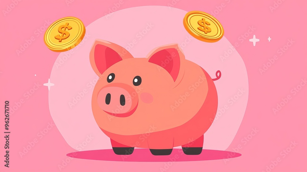 Poster pink piggy bank with a dollar coin in a flat vector illustration representing the concept of saving 