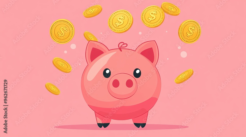 Poster pink piggy bank with a dollar coin in a flat vector illustration representing the concept of saving 
