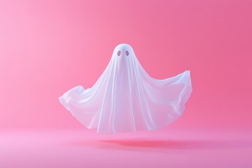 3D Render of a Floating White Fabric Ghost on Pink Background, Halloween Decoration, Spooky Scene