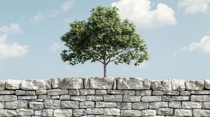 A solitary tree stands atop a stone wall under a blue sky with clouds, symbolizing resilience and nature.