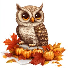 Naklejka premium An owl decorating a Thanksgiving table with fall leaves clipart, playful and cute, warm autumn hues, digital painting, isolated on white background