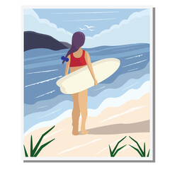 Illustration vector design of surfer girl on the beach