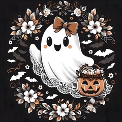 A cute white Halloween ghost holding a basket of Halloween pumpkins, design for t-shirt