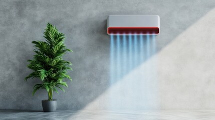 A modern air conditioner is actively cooling a stylish room adorned with a vibrant green plant, providing comfort on a sunny day