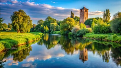 Tranquil riverbank featuring a historic tower surrounded by nature's peaceful signs , peaceful, riverbank, historic tower