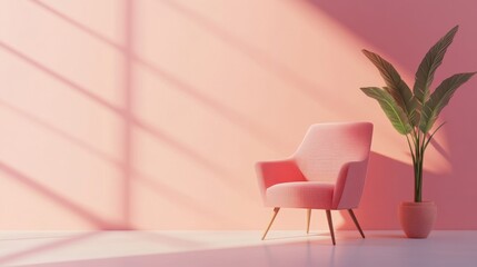 A stylish pink armchair with cushions is positioned beside a potted plant, set against a pastel pink wall and illuminated by soft light