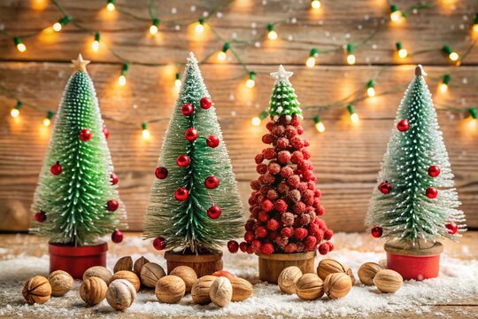 Adorable festive holiday scene featuring decorated miniature trees, garlands, and peanuts in a vintage-inspired red and green color scheme with subtle snowflakes.