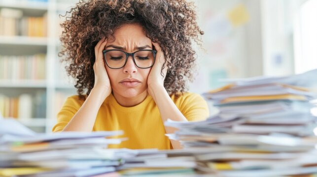 A woman shows signs of stress as she struggles to manage an overwhelming amount of paperwork at her desk