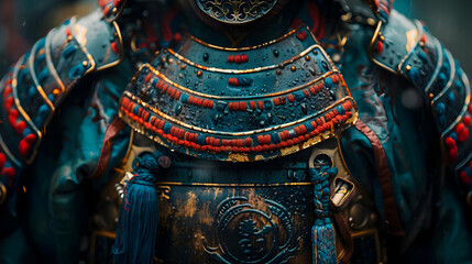 Fototapeta premium Close-up Illustration of a Samurai Armor in the Rain