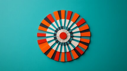 Abstract geometric design with a red center circle and orange, black, and white segments on a blue background.