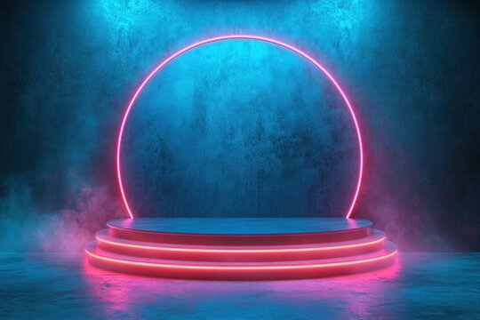 Empty Podium Display Stage Thunder Flash Sale Entertainment Advertise Neon Laser Fluorescent Sci Fi Light Glowing On Concrete Room Abstract with generative ai