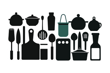 Essential kitchen tools silhouette vector collection.