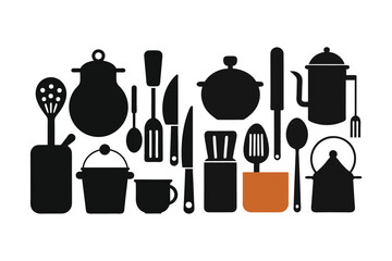 Fototapeta premium Essential kitchen tools silhouette vector collection.