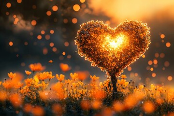 Enchanting heart-shaped fantasy tree glowing amidst orange wildflowers covered in morning dew, set against a dreamy bokeh background hinting at a magical realm with generative ai