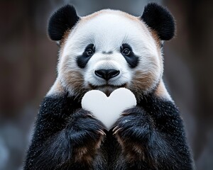Fototapeta premium A cute panda bear holding a white heart, looking at the camera with a gentle expression.