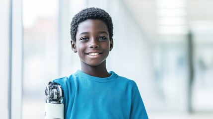 A young boy beams with pride as he displays his impressive prosthetic robot arm in a bright, contemporary environment