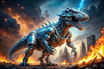 A futuristic, metallic Tyrannosaurus Rex stands victorious, adorned with gleaming silver armor, glowing blue circuits, and imposing hydraulic limbs amidst a fiery, apocalyptic backdrop.