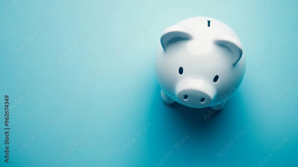 Poster top view of a white piggy bank with space for text representing the concept of saving money for inve