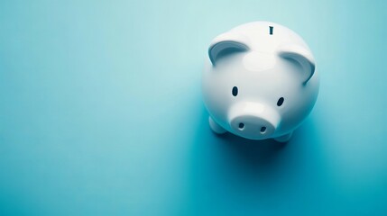 Top view of a white piggy bank with space for text representing the concept of saving money for investment and profit