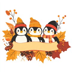 A Thanksgiving banner with penguins and fall foliage clipart, festive and cute, warm tones, digital illustration, isolated on white background