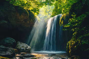 Fototapeta premium A Secret Waterfall Hidden Deep Within a Lush Forest, Sunlight Beams Through the Canopy, Illuminating the Cascading Water.