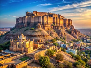 Fototapeta premium Ancient majestic Mehrangarh Fort stands proudly atop a rugged hill, its imposing walls and structures radiating grandeur, history, and mystique amidst a serene desert landscape.