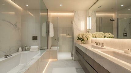 Modern bathroom design with luxury bathtub, glass shower, and large mirror