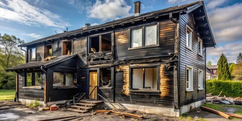 Obraz premium Burnt house with charred plastic facade, burnt, house, charred, fire damage, destruction, abandoned, disaster, ruined