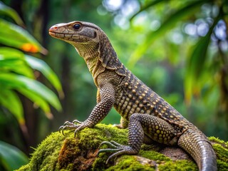Fototapeta premium A rare, threatened earless monitor lizard with scaly, mottled skin and a long, slender tail, perches on a rock in a dense, misty rainforest habitat.