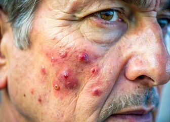 Fototapeta premium Close-up of a facial skin lesion showing circular patches of redness, inflammation, and flaking, characteristic of ringworm fungal infection, with blurred background.