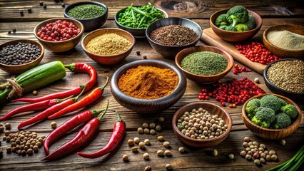 Assorted bowls of spices, grains, and lentils on a rustic wooden table with broccoli and chili peppers, spices, grains