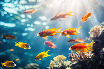 Fototapeta premium A Symphony of Color: Vibrant Fish Dance in Sunlit Waters