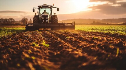 A tractor plowing a field at sunset, highlighting agricultural activity.