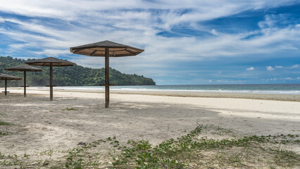 A row of sun umbrellas on the sandy beach. Lianas of herbaceous plants curls across the sand. Turquoise ocean in the distance. A hill against a blue sky and clouds. Malaysia. Borneo. Kota Kinabalu.
