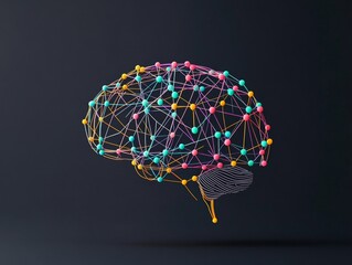 Abstract colorful brain with connected dots and lines, representing neural network or artificial intelligence.