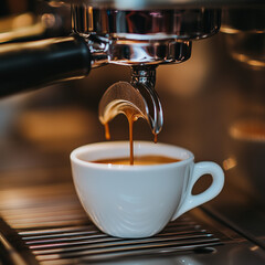A close-up shot of a professional espresso machine brewing coffee into a white ceramic cup