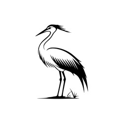 Fototapeta premium Elegant heron silhouette in black and white, Minimalist black and white heron silhouette illustration, showcasing its graceful stance and delicate feather details, ideal for logos or nature designs. 