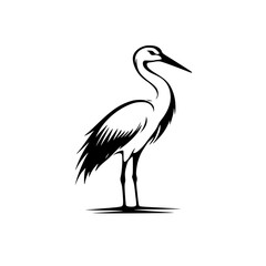 Obraz premium Elegant heron silhouette in black and white, Minimalist black and white heron silhouette illustration, showcasing its graceful stance and delicate feather details, ideal for logos or nature designs. 