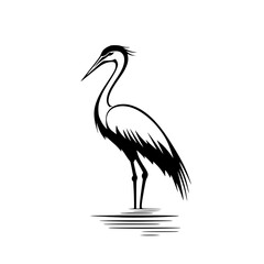 Obraz premium Elegant heron silhouette in black and white, Minimalist black and white heron silhouette illustration, showcasing its graceful stance and delicate feather details, ideal for logos or nature designs. 