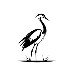 Obraz premium Elegant heron silhouette in black and white, Minimalist black and white heron silhouette illustration, showcasing its graceful stance and delicate feather details, ideal for logos or nature designs. 