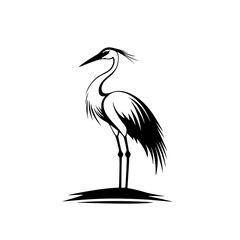 Obraz premium Elegant heron silhouette in black and white, Minimalist black and white heron silhouette illustration, showcasing its graceful stance and delicate feather details, ideal for logos or nature designs. 