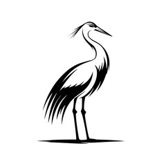 Obraz premium Elegant heron silhouette in black and white, Minimalist black and white heron silhouette illustration, showcasing its graceful stance and delicate feather details, ideal for logos or nature designs. 