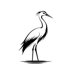 Obraz premium Elegant heron silhouette in black and white, Minimalist black and white heron silhouette illustration, showcasing its graceful stance and delicate feather details, ideal for logos or nature designs. 