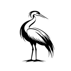 Obraz premium Elegant heron silhouette in black and white, Minimalist black and white heron silhouette illustration, showcasing its graceful stance and delicate feather details, ideal for logos or nature designs. 
