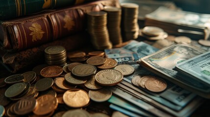 A detailed still life composition showcasing an assortment of vintage coins, neatly stacked beside weathered books on a wooden table. The warm, ambient lighting enhances the historical and nostalgic