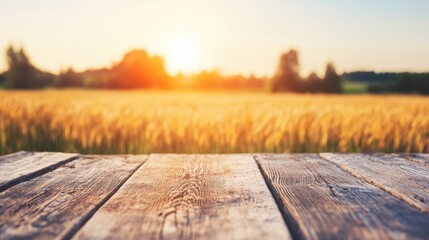 A weathered wooden table stands in front of a sprawling wheat field, beautifully illuminated by the warm glow of a setting sun