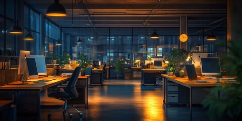 professional night time office space with modern workstation units and corporate interior design featuring rows of working desks and technology setup