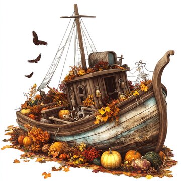 recommend clip art: A pirate shipwreck decorated for Thanksgiving clipart, cozy and rustic, rich fall colors, digital illustration, isolated on white background